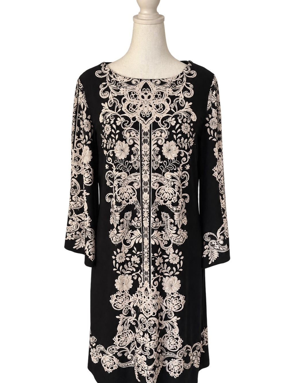 Studio One New York Black Off-White Paisley Bell-Sleeve Shift Dress Medium